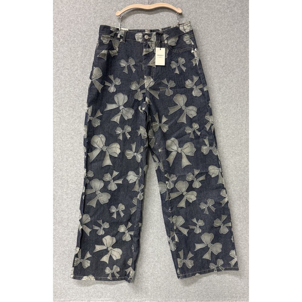 Forever 21 Premium Sheer Bow Denim Jeans High Rise Wide Leg Y2K Coquette 29 NWT